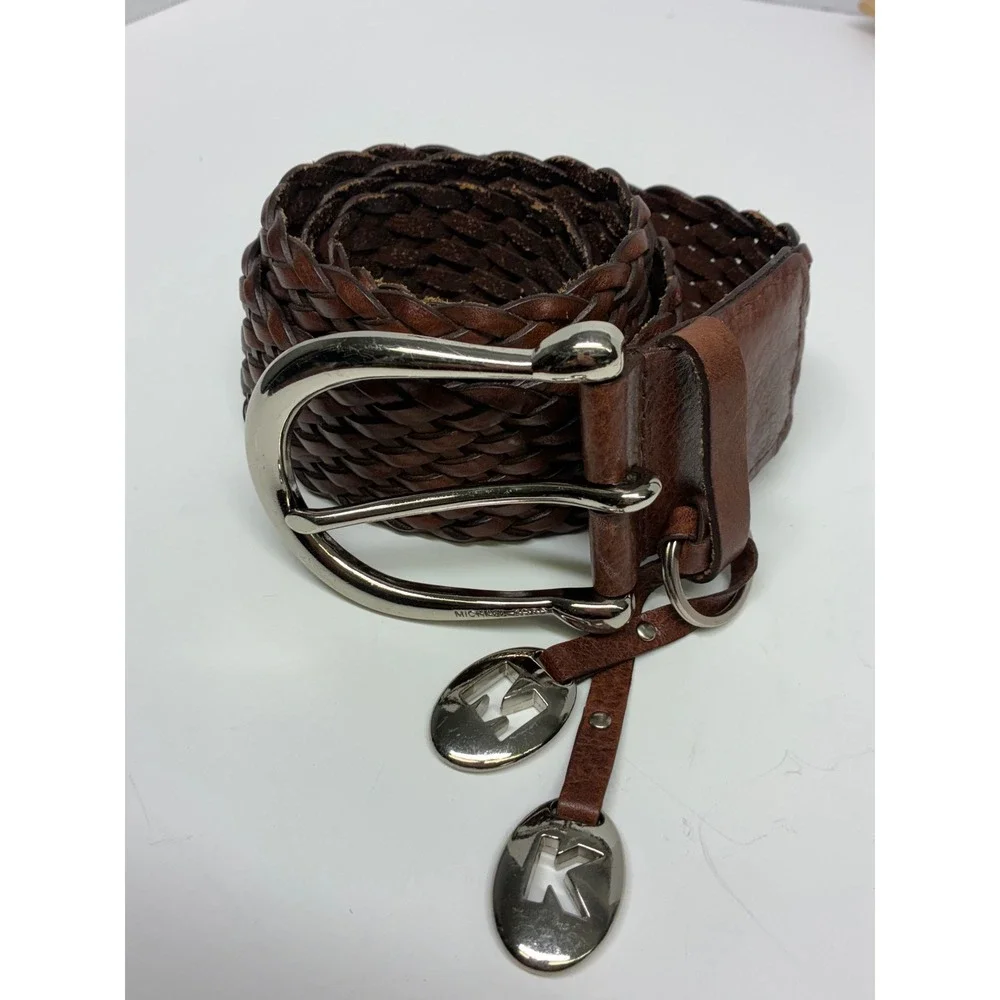 MICHAEL M Kors Brown Braided Leather Belt M Boho Woven Silver MK Charm Wide